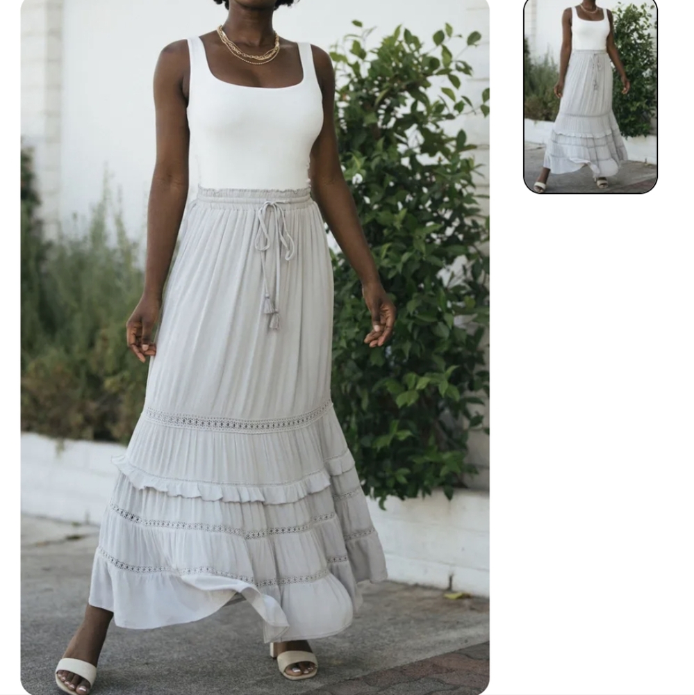 In loom Lilian Tiered Tassel Maxi Skirt -Dusty Beige